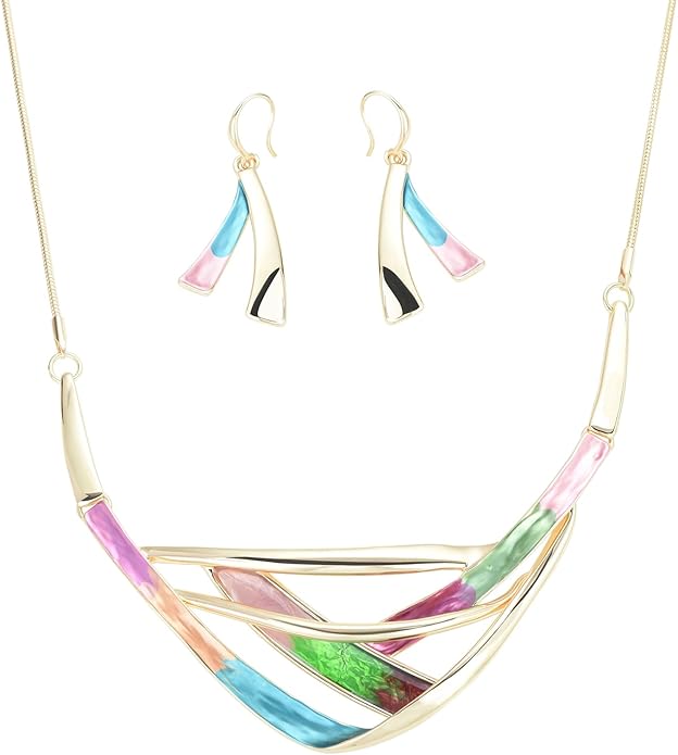 Retro Women's Crystal Floral Petal Leaf Chunky Statement Necklace and Earrings Set Party Jewelry