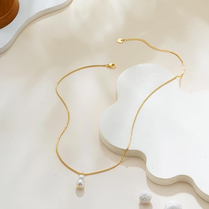 Valentines Day Gifts for Her - 14K Gold Plated Pearl Necklaces for Women Trendy Dainty Necklace Simple Layered Pearl Necklaces for Women Trendy Wedding Birthday Valentines Jewelry