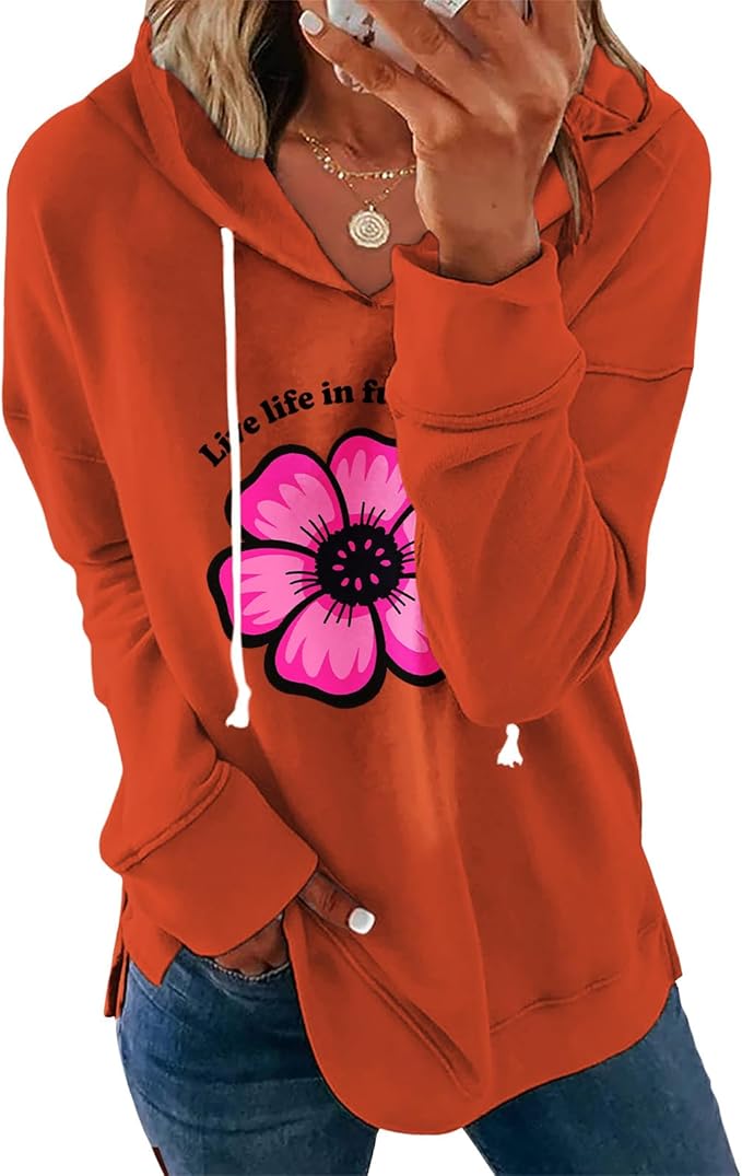 Womens Black Floral Print Hoodie Long Sleeve Cotton Blend Pullover Sweatshirt Loose Fit Casual Top For Everyday Wear
