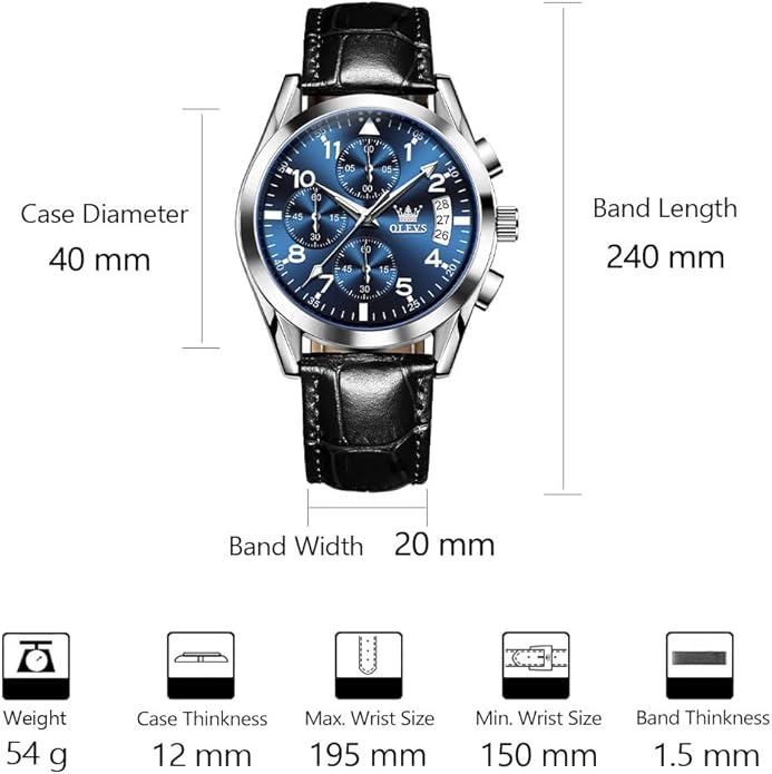 OLEVS Men's Casual Leather Watch, Big Face Chronograph Watch for Men, Fashion Easy to Read Dress Watch, Men's Waterproof Luminous Date Analog Watch, Gold/Black/White/Blue Dial