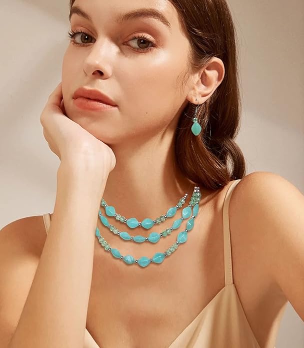 3 Layered Chunky Statement Necklace for Women Beaded Strand Necklaces with Earring Fashion Costumes Collar Necklace Jewelry Sets Gifts for Women