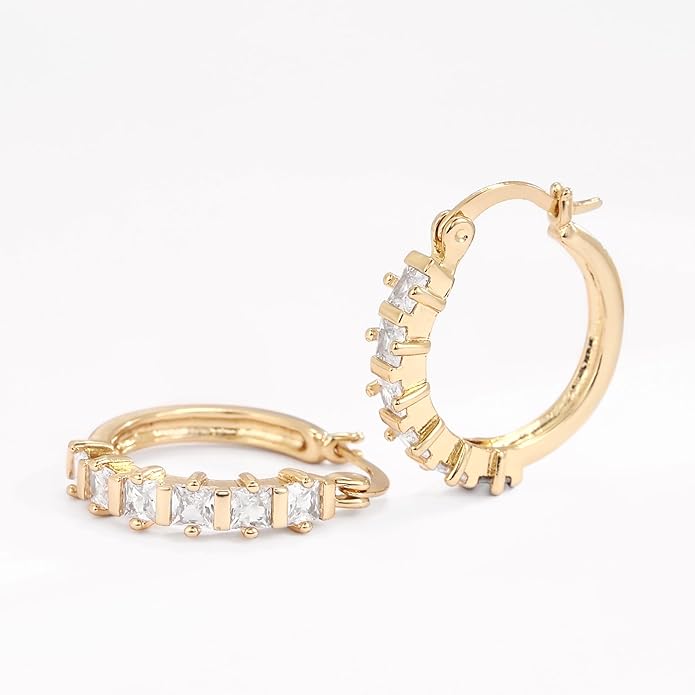 14K Gold Plated Cubic Zirconia Hoop Earrings,Three Row Diamon | Arrows | Double Row of Diamonds Huggie Earrings for Women