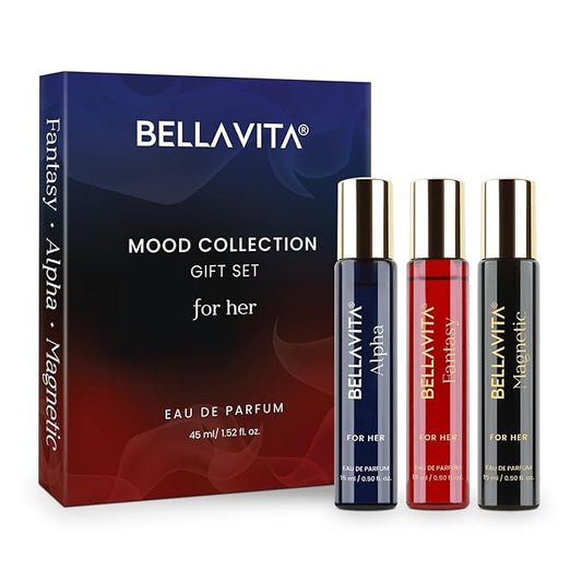 BellaVita Luxury Mood Collection Gift Set (3x15ml) for Women | Pheromone Inspired Technology Long Lasting Fragrance | Includes Alpha, Fantasy & Magnetic Perfumes | Pink Pepper, Benzoin and Jasmine