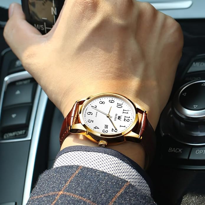 OLEVS Mens Watches Vintage Leather Band Dress Classic Easy Reader Arabic Numerals Analog Quartz Waterproof Date and Day Blue/Black/White Large Face Men's Wrist Watches