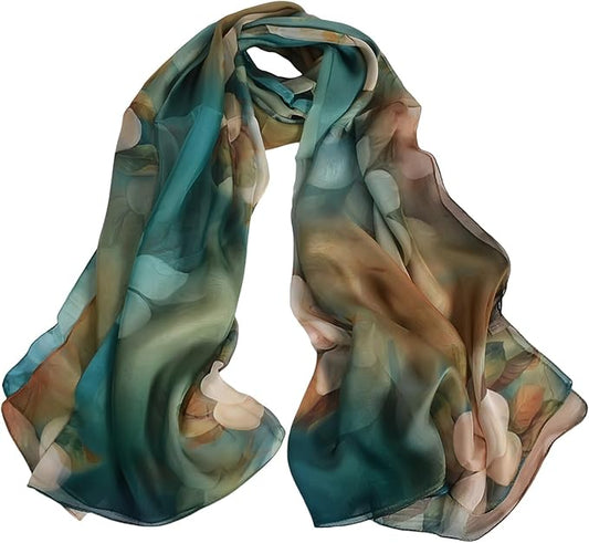 100% Mulberry Silk Women's Neck Silk Scarf-Lightweight Shawl,FLoral Print Beach Silk Wrap-Scarves for Photography
