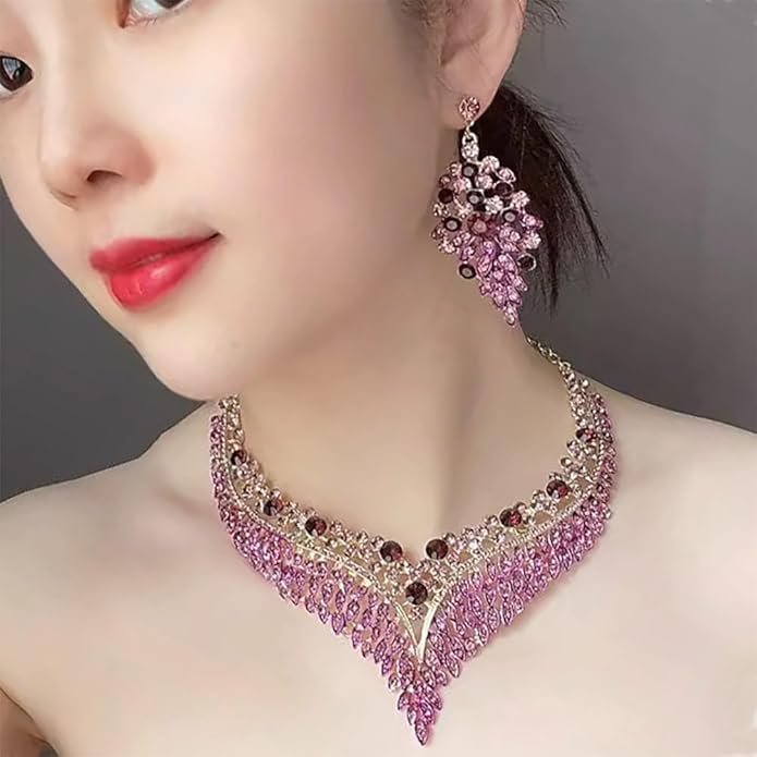 Wedding Bridal Jewelry Set Crystal Rhinestone Statement Necklace Vintage Collar Necklace Dangle Earrings Set for Women