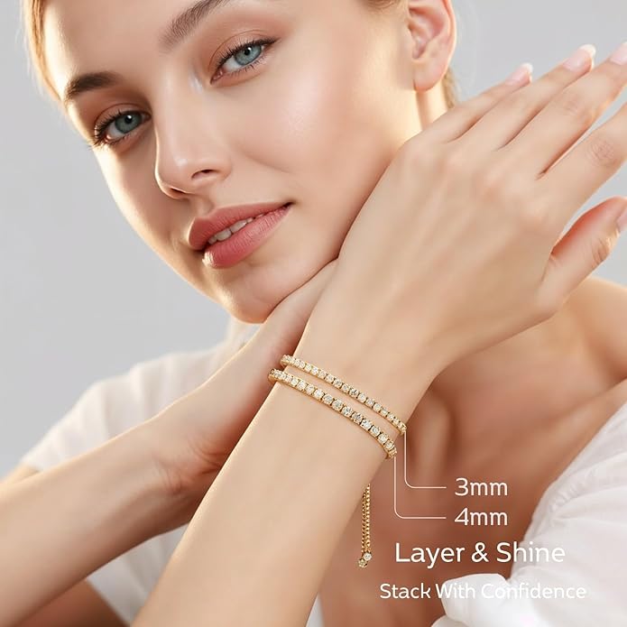 LOVE&LOVE Moissanite Tennis Bracelet for Women, Adjustable Bracelet 925 Sterling Silver 3/4mm D VVS1 Round Cut, Luxury Jewelry Gift for Wife Mom Girlfriend Birthday Anniversary