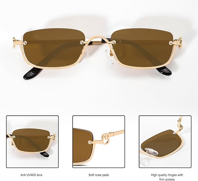 Retro Y2k Sunglasses for Women Men,Trendy Semi-Rimless Sun Glasses Irregular Narrow Gold Sunnies UV400