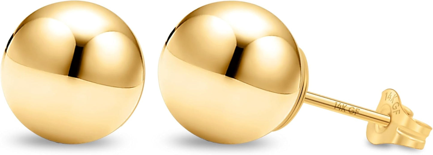 Kezef 14K Gold Filled Ball Stud Earrings for Women - Thick 14K Gold Layer, Hypoallergenic for Sensitive Ears, Round Studs | 3mm-9mm