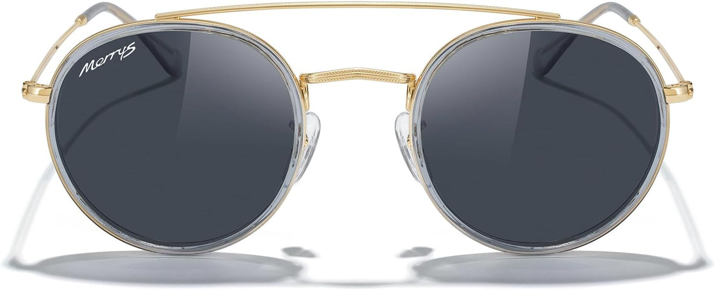 MERRY'S Retro Round Polarized Sunglasses - Unisex Double Bridge Sun Glasses