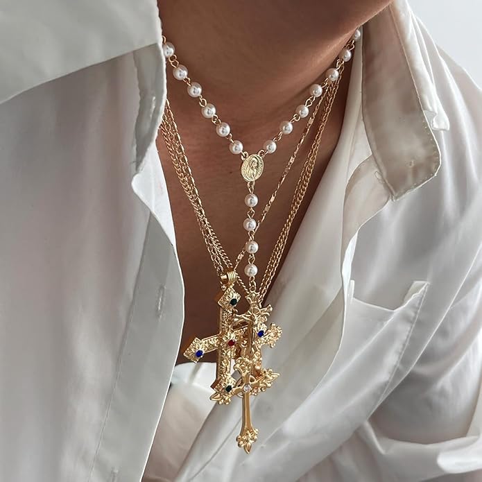 Gold Color Cross Pendant Necklace Set for Women,Dainty Big Crystal Cross Imitation pearl Layered Chain Necklace Summer Party Jewelry
