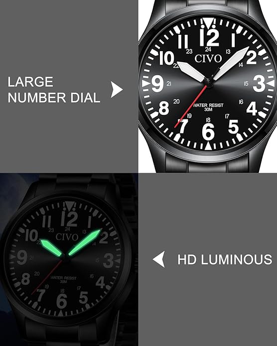CIVO Analog Wrist Watches for Men: Waterproof Stainless Steel Mens Watches - Silver Watch with Easy Read Dial Men's Watch for Gift
