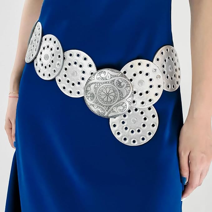 Hollow Wide Disc Belt for Women Concho Leather Metal Buckle Boho Belt Cowgirl Vintage Western Chunky Waist Belts