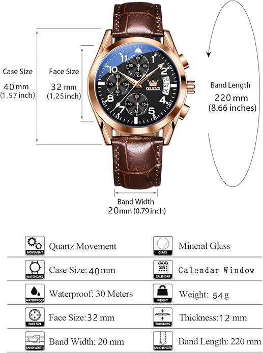 OLEVS Men's Watches Brown Leather with Date,Casual Watches for Men,Large Face Watches Men,Chronograph Mens Watch,Sport Waterproof Business Dress Analog Quartz Men's Wrist Watches Reloj De Hombre