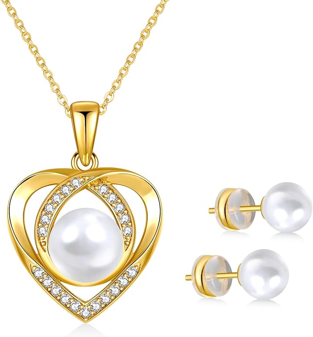Pearl Necklace and Earring Set for Women, Gold Plated/925 Sterling Silver Heart Jewelry Set-Black Pearl Cubic Zirconia Gifts for Women Wife Mom-Wedding Anniversary Mothers Day Gifts