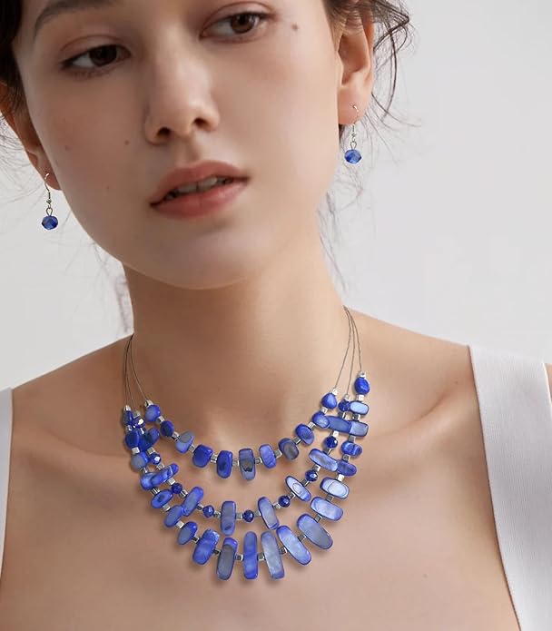 3 Layered Chunky Statement Necklace for Women Beaded Strand Necklaces with Earring Fashion Costumes Collar Necklace Jewelry Sets Gifts for Women
