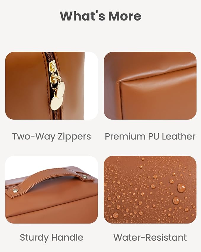 Travel Makeup Organizer Bag, Large Capacity Cosmetic Bags with Multiple Compartments, Open-Flat Toiletry Bag Portable Waterproof Pouch for Women Beauty Essentials (Brown)