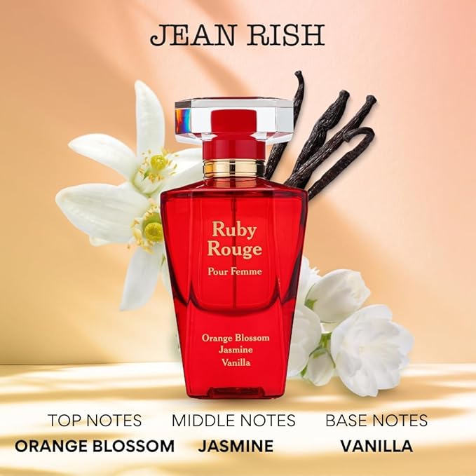 Jean Rish Ruby Rouge, Eau De Parfum for Women (3.4 Fl Oz / 100ml) with Orange Blossom, Jasmine, Vanilla - Long Lasting and Luxury Fragrance