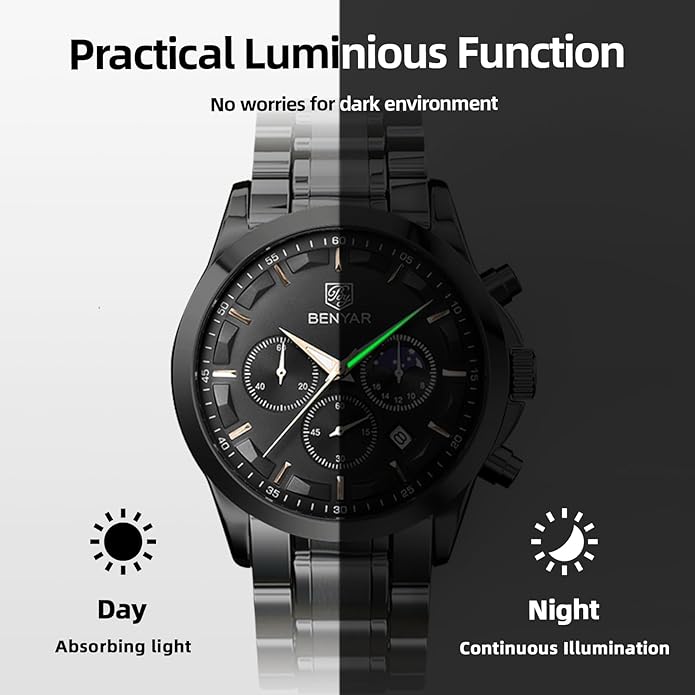 BY BENYAR Mens Watches Analog Quartz Chronograph Waterproof Wrist Watches for Men Fashion Business Work Casual Sport Designer Dress Watch with Calendar Elegant Gifts for Men