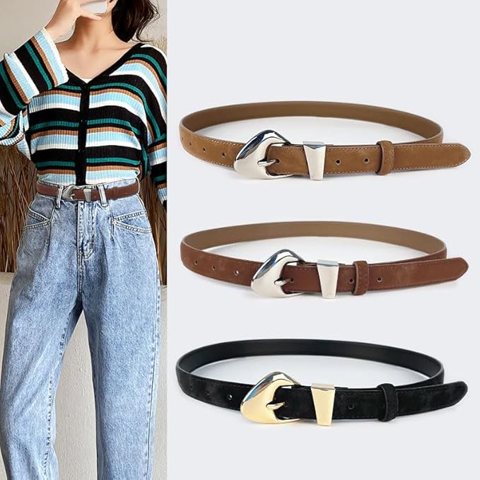 Women's Leather Suede Belts for Jeans Dress Pants Black Brown Belts for Women Ladies Waist Belts with Big Gold Buckle