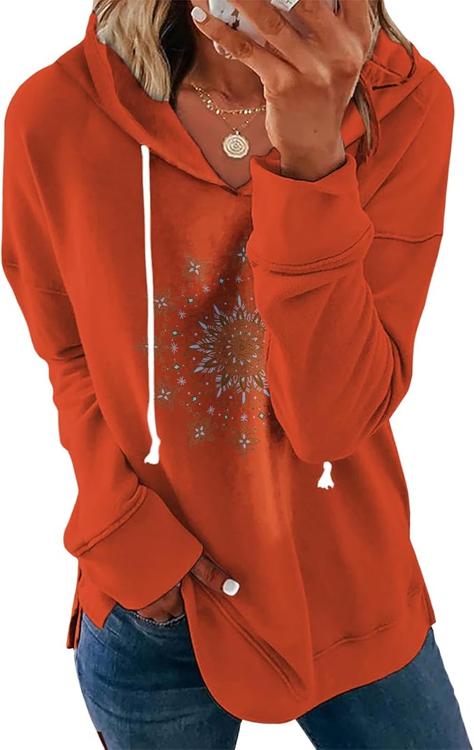 Women's Brown Mandala Print Hoodie Long Sleeve Loose Fit Tunic Top with Drawstring Side Split for Fall Winter