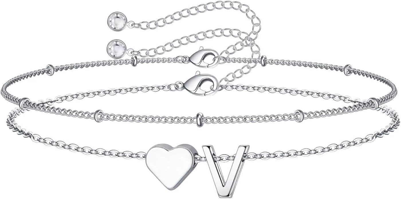 M MOOHAM Valentines Day Gifts for Kids Teen Girls -14K-Gold-Plated Heart Initial A-Z Bracelets for Women Girl Dainty Gold Bracelets Birthday Valentines Gifts for Women Her Teenage Girls Kid Teen Gift