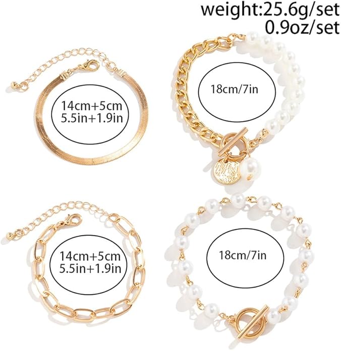14K Gold OT Buckle Coin Pearl Paperclip Stacked Bracelet Set for Women, Statement Snake Pearl Paper Clip Bracelets Stack Dainty Prom Party Jewelry Gift