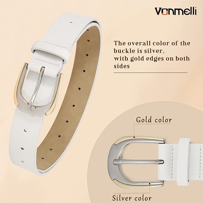 VONMELLI Women Leather Belt for Pants Jeans Dresses Ladies Belts with Fashion Gold Silver Buckle