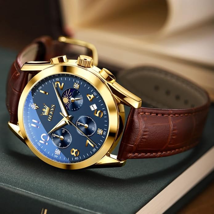 OLEVS Men's Watches Brown Leather with Date,Casual Watches for Men,Large Face Watches Men,Chronograph Mens Watch,Sport Waterproof Business Dress Analog Quartz Men's Wrist Watches Reloj De Hombre