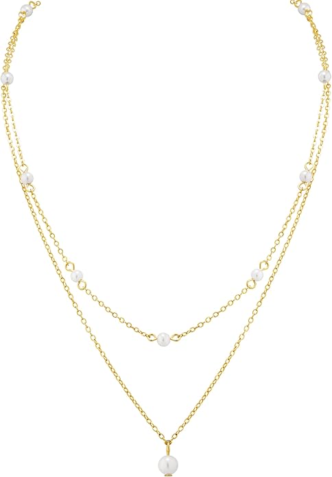 MINACHI Gold Plated Dainty Double Layered Imitation Pearl Chain Necklace for Women, Trendy Simple Minimalist Fashion Jewelry Gift for Women