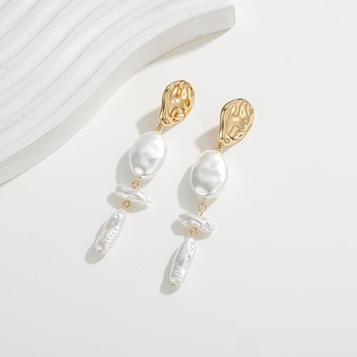 Statement Pearl Dangle Earrings,Gold and Large Pearl,Luxury Chandelier Organic Style Earrings