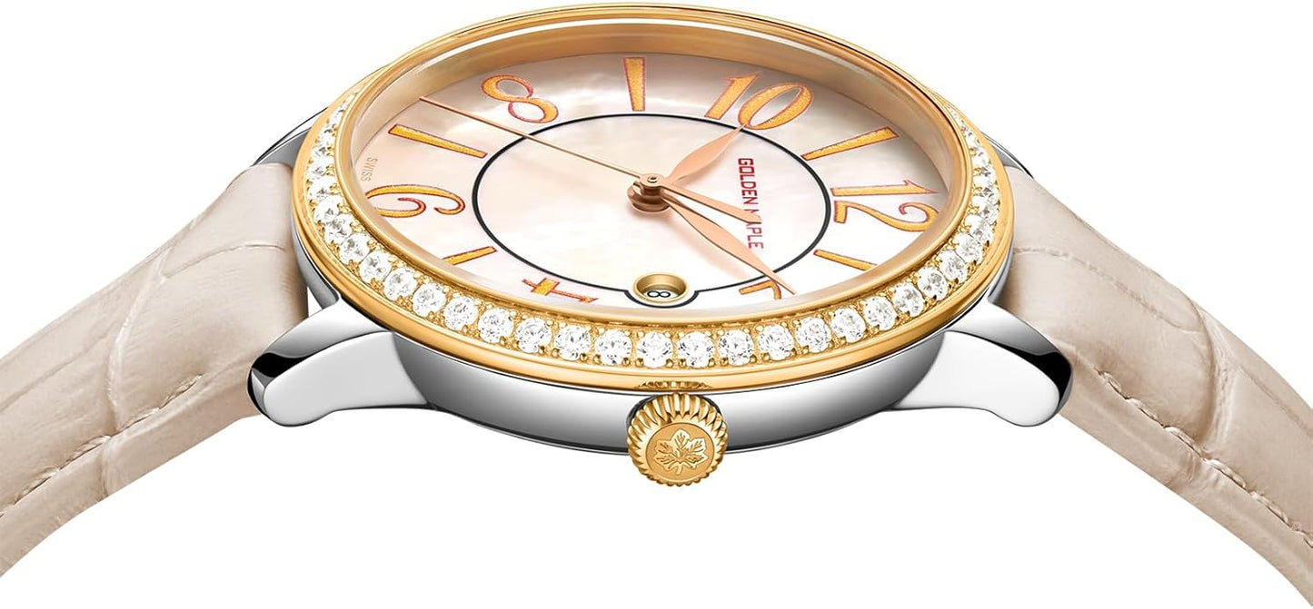 GOLDEN MAPLE Dainty Watches for Women, Mother-of-Pearl Dial and Swiss Quartz Movement, Ladies Watch with Leather Strap