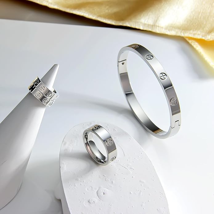 3 Pcs Hoop Earrings Bracelets Ring Sets for Women-18K Gold Plated Love Bracelet Cubic Zirconia Cuff Bangle Hoop Earrings Friendship Love Ring Jewelry Set,Wedding Party Christmas Valentine's Day Birthday Gifts for Her Girlfriend Sister Daughter