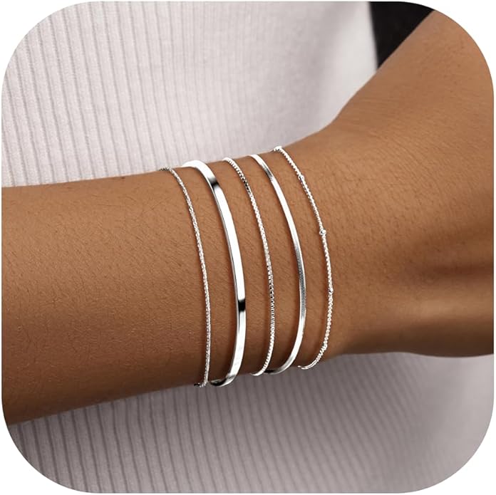 Dainty Thin Gold Bracelet for Women Stack, 14K Gold Plated Bracelet Stackable Set with Bangle Cuff, Box, Herringbone, Paperclip, Figaro, Sparkling Link Chains, Simple Waterproof Non Tarnish Minimalist Gifts for Women Trendy