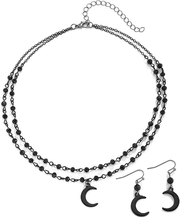 Vintage Black Beaded Choker Necklace Earring Set for Women,Gothic Dark Moon Statement Dangling Earring,Trendy Halloween Party Vampire Jewelry Accessories Gifts