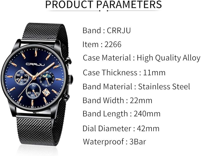 CRRJU Men's Fashion Casual Watches Auto Date Chronograph Watch Men Nice Work Watches Waterproof 30M Full Steel Quartz with Mesh Strap