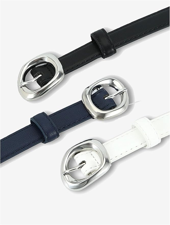 Thin Belt for Women Jeans Faux Leather Ladies Skinny Waist Belts for Dresses Pants with Trendy Gold/Silver Buckle