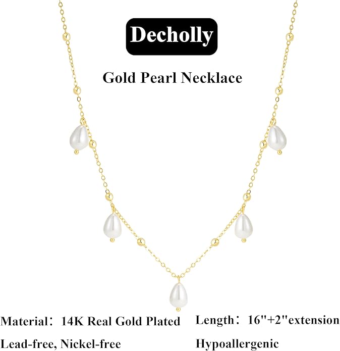 Valentines Day Gifts for Her - 14K Gold Plated Pearl Necklaces for Women Trendy Dainty Necklace Simple Layered Pearl Necklaces for Women Trendy Wedding Birthday Valentines Jewelry