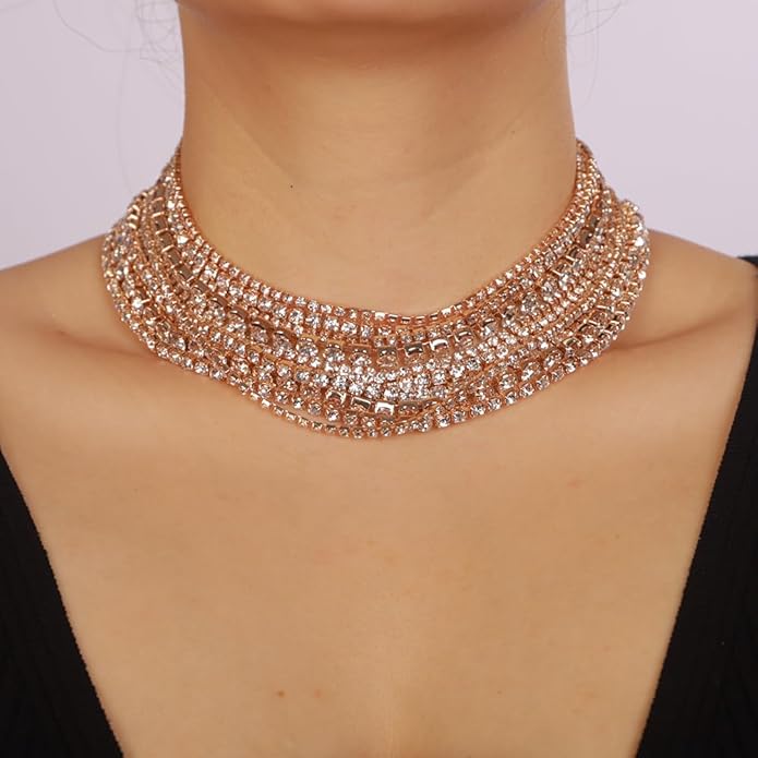 Boho Fashion Prom Shinny Luxury Rhinestones Choker Necklace Dainty Layered Sexy Body Chain Choker Necklace Dainty Gold Silver Halloween Christmas Necklace Gift for Women