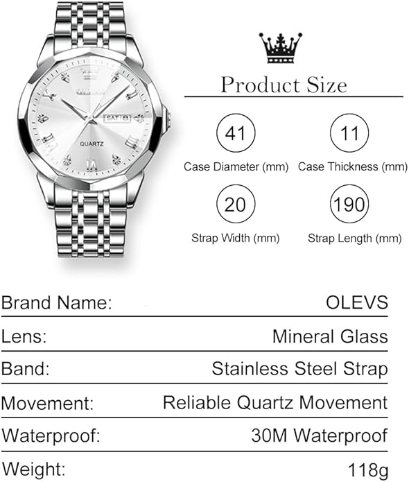 Men's Casual Stainless Steel Watch, Big Face Easy to Read Analog Quartz Watch with Day and Date, Classic Waterproof Diamond Roman Arabic Numerals Dial Dress Watch for Men, Gold Silver Black Band