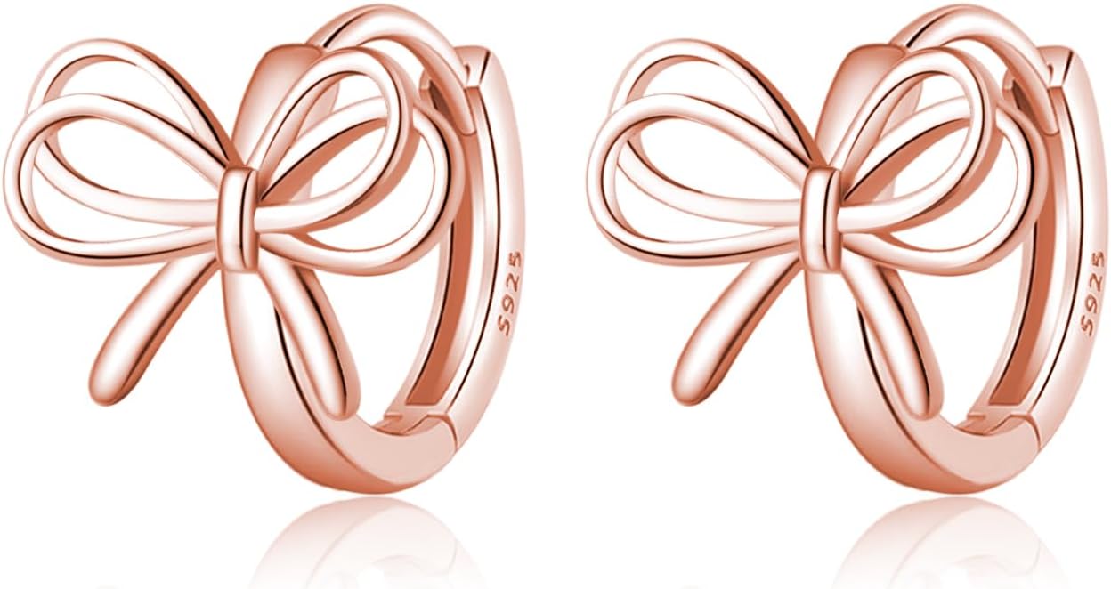 Reffeer Solid 925 Sterling Silver Bow Hoop Earrings Ribbon for Women Teen Girls Bowknot Hoop Earrings Huggie