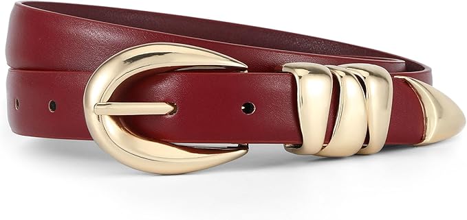 Skinny Leather Waist Belt - Gold Buckle Dress Belt for Women's Jeans & Dresses