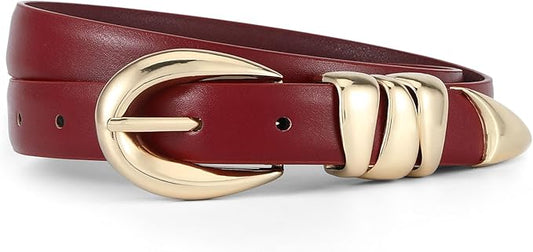 Skinny Leather Waist Belt - Gold Buckle Dress Belt for Women's Jeans & Dresses