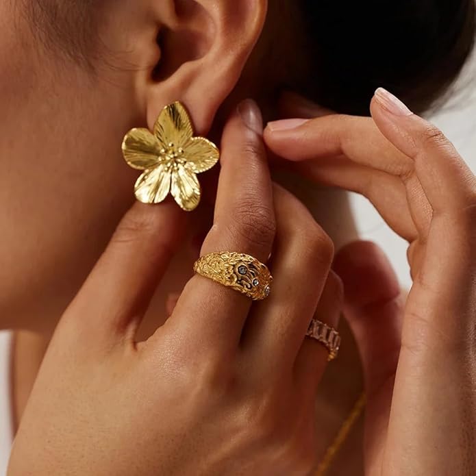 Gold Flower Statement Earrings for Women, 14K Gold Plated Large Irregular Leaf Floral, Big Chunky Dangle Earrings Set