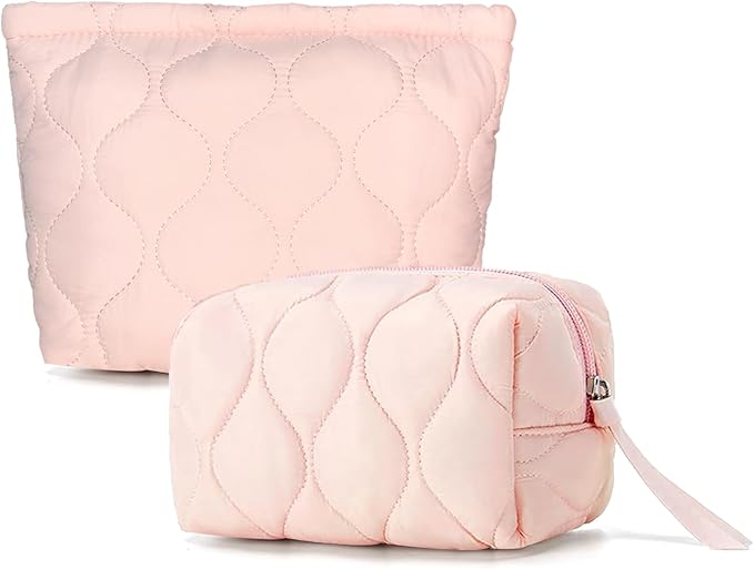 SERENEDWELLING2 PCS Quilted Makeup Bag Set Coquette Cosmetic Bag Toiletry Travel Organizer, Small Medium Large, Cute Portable Puffy for Women Girls, Pink