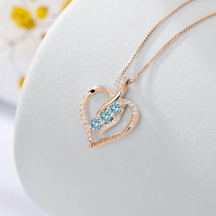 Rose Heart Birthstone Necklace for Women - Solid S925 Sterling Silver with Rose Gold Plated Infinity Symbol of Love Valentine's, Mother's Day, Anniversary, Christmas Birthday Gift for Her, Mom, Wife, or Girlfriend.
