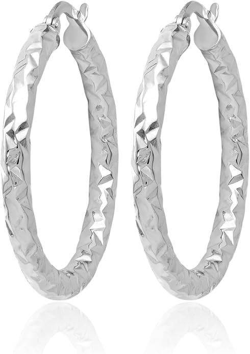 14K White Gold Textured Medium Hoop Earrings Polished Snap Back Secure Rhodium Plated 30mm Round Comfort Lightweight For Women Gift Luxury Italian Jewelry