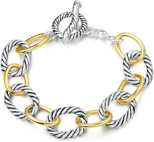 UNY JEWEL Twisted Cable Wire Link Chain Bracelet Two Tone Designer Brand Inspired Women Jewelry Valentine (2 Tone)