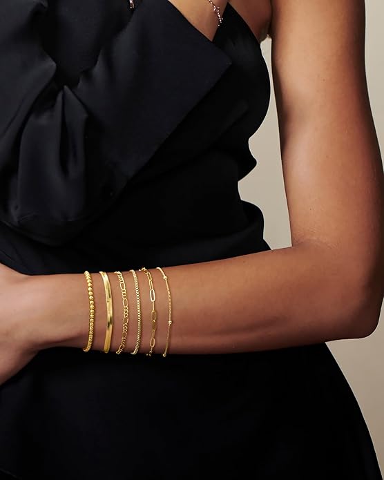 DEARMAY Gold Bracelets for Women Waterproof, 14K Gold Plated Jewelry Sets Trendy Thin Dainty Stackable Cuban Link Paperclip Chain Bracelet Pack Fashion Accessories Gifts for Womens