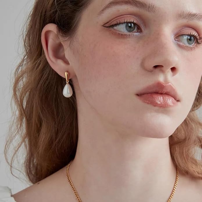 14k Gold Plated Lightweight Pearl Earrings,Trendy Jewelry,Teardrop Hoop Earrings for Women,Pearl Drop Earrings,Elegant Jewelry for Gifts